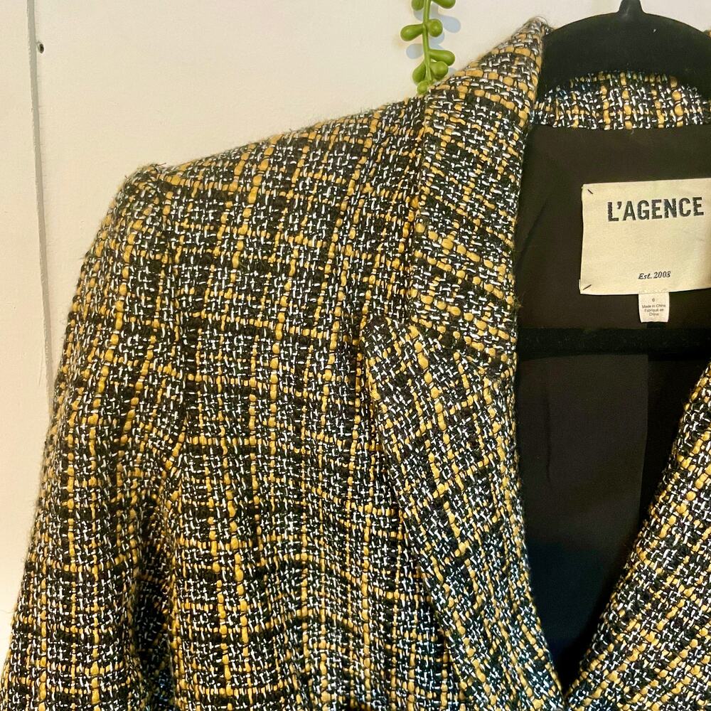 L'Agence Kenzie Blazer Double Breasted Tweed Jacket Coat Gold Buttons Black US 6 - Picture 5 of 16